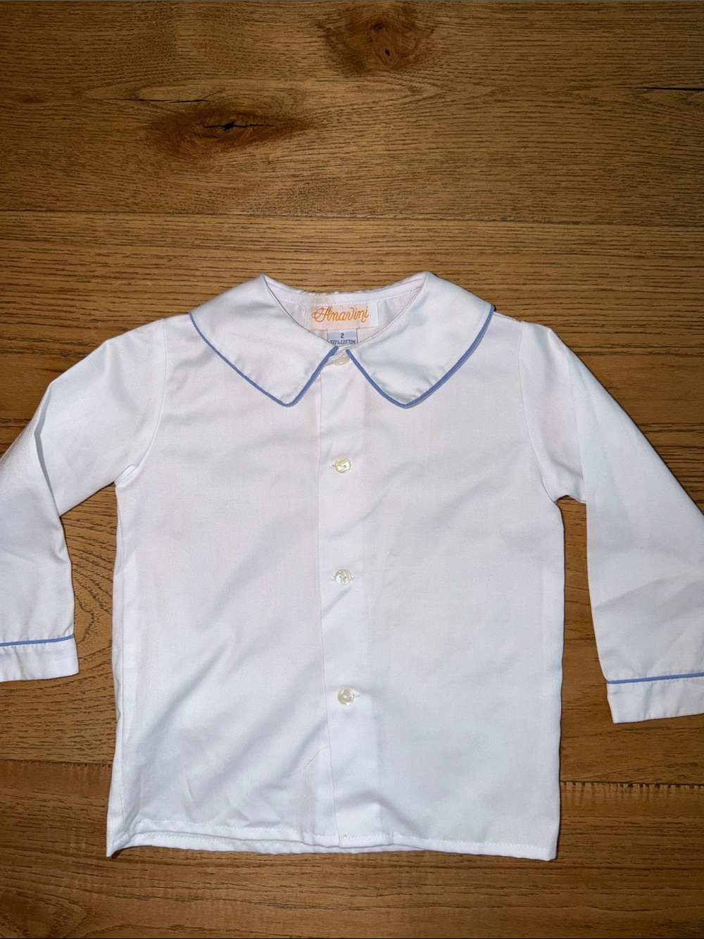 Children's White Button-Up Top with Blue Trim